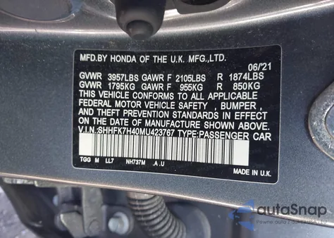 2021 Honda Civic Sport from USA, damaged, VIN SHHFK7H40MU423767